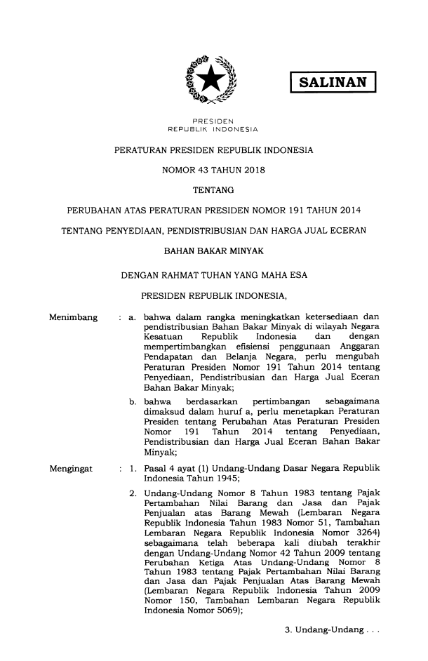 Peraturan Presiden Nomor 43 Tahun 2018