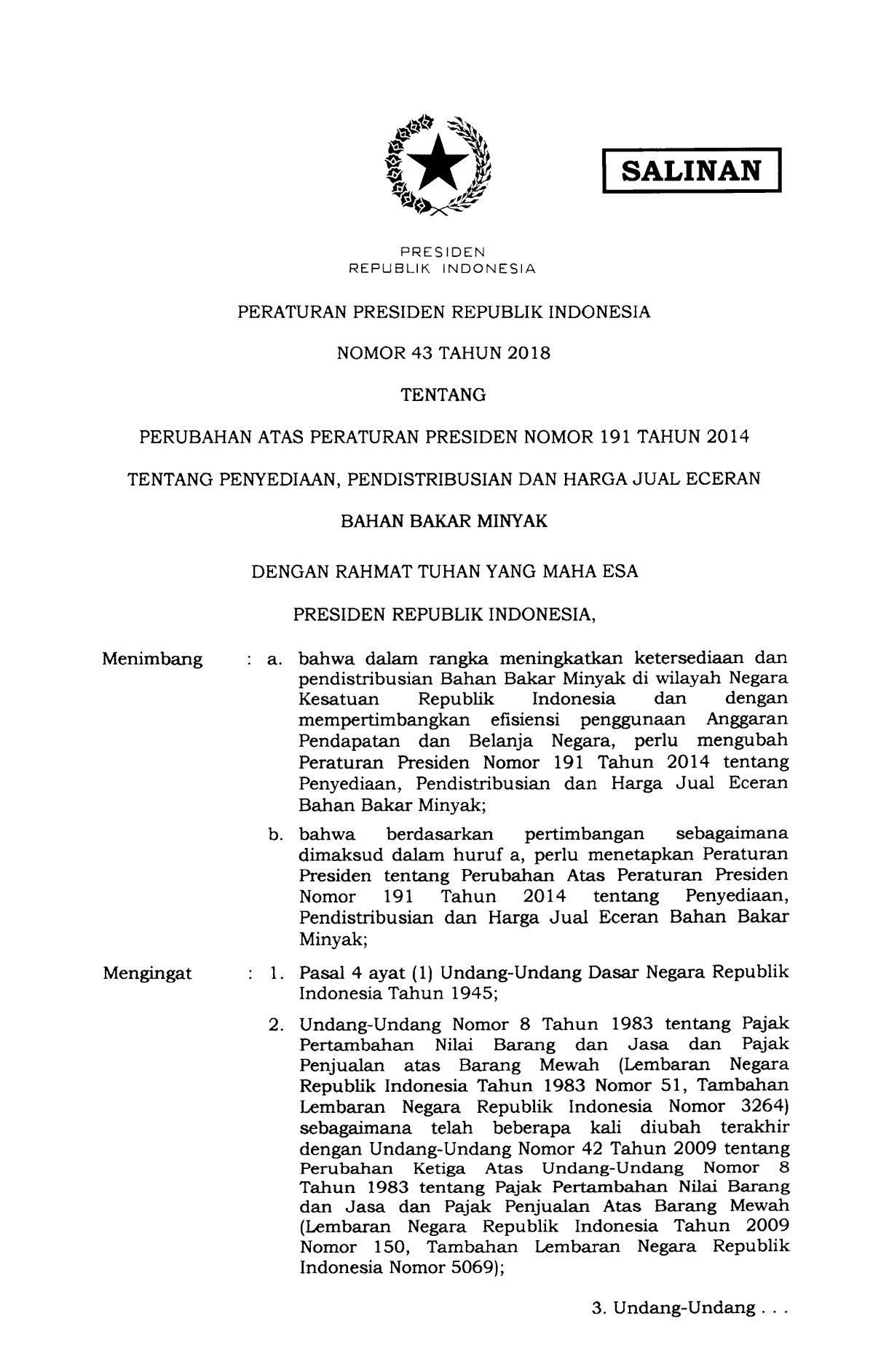 Peraturan Presiden Nomor 43 Tahun 2018