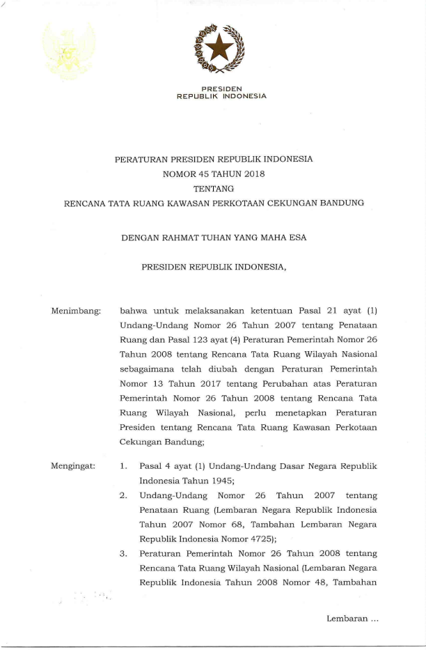 Peraturan Presiden Nomor 45 Tahun 2018