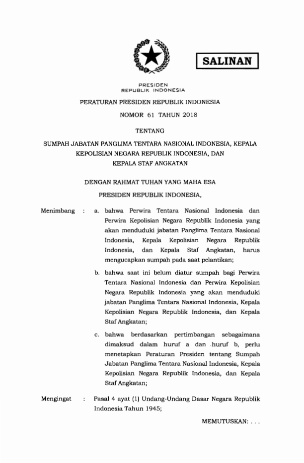 Peraturan Presiden Nomor 61 Tahun 2018
