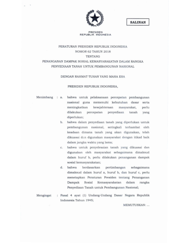 Peraturan Presiden Nomor 62 Tahun 2018