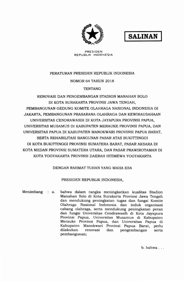 Peraturan Presiden Nomor 64 Tahun 2018