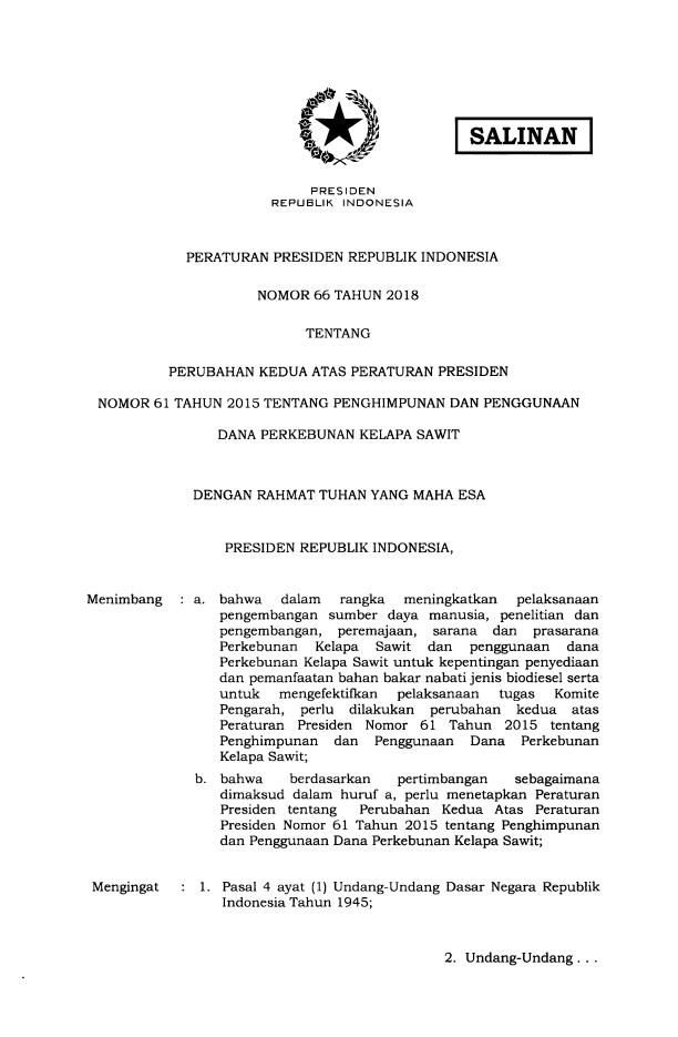 Peraturan Presiden Nomor 66 Tahun 2018
