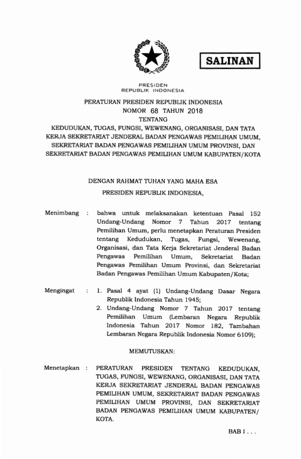 Peraturan Presiden Nomor 68 Tahun 2018