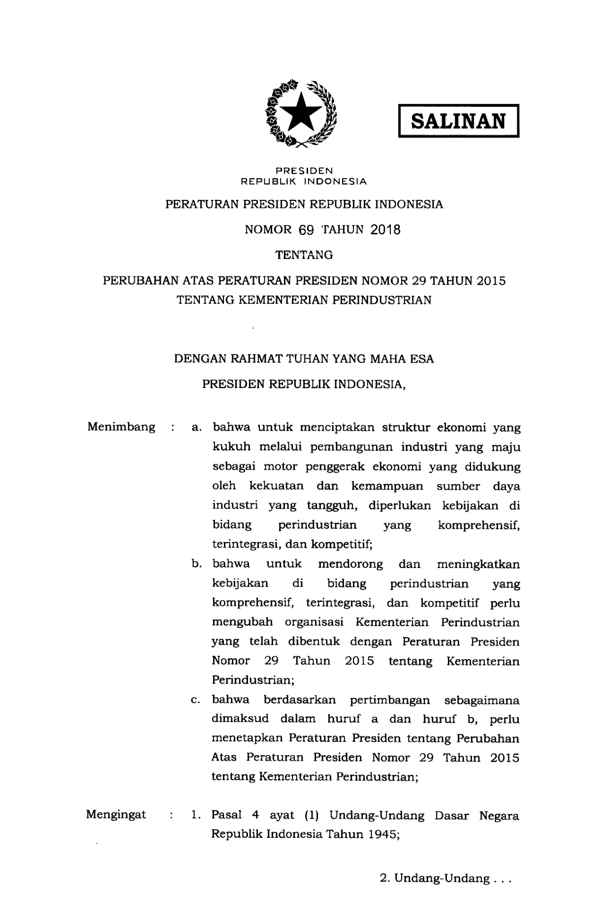 Peraturan Presiden Nomor 69 Tahun 2018