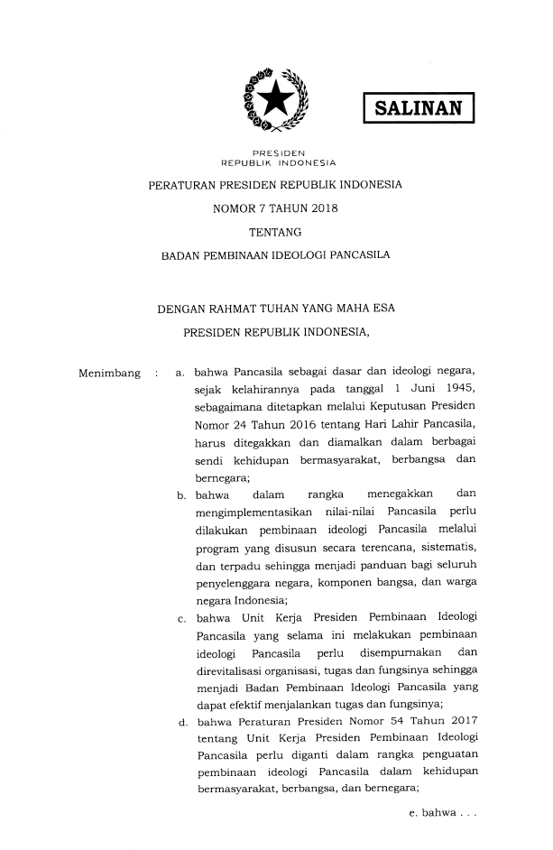 Peraturan Presiden Nomor 7 Tahun 2018