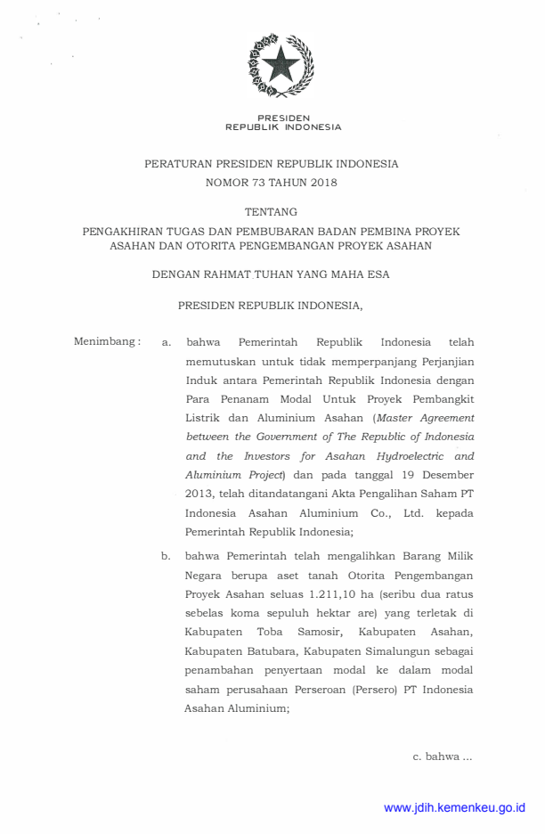 Peraturan Presiden Nomor 73 Tahun 2018