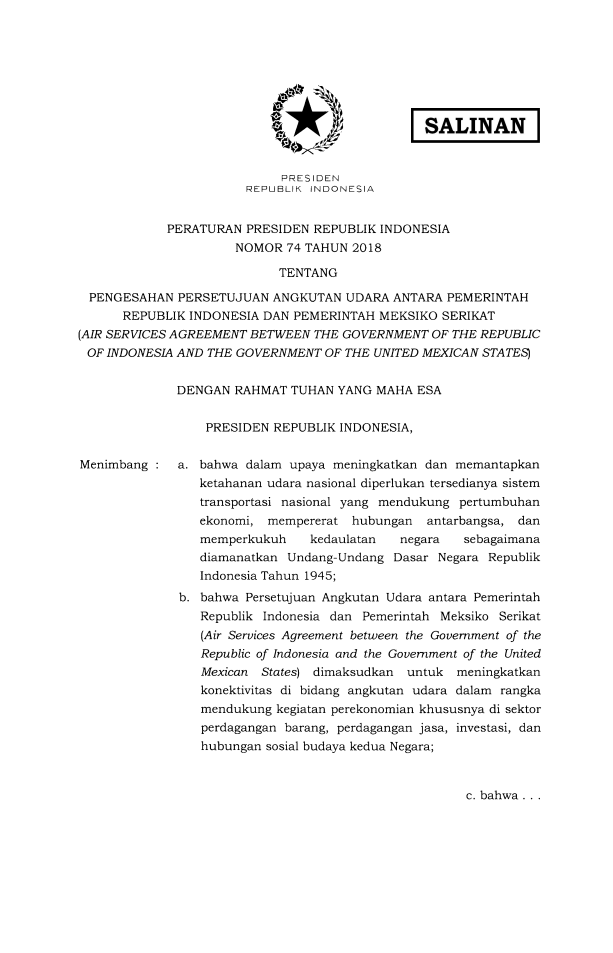 Peraturan Presiden Nomor 74 Tahun 2018