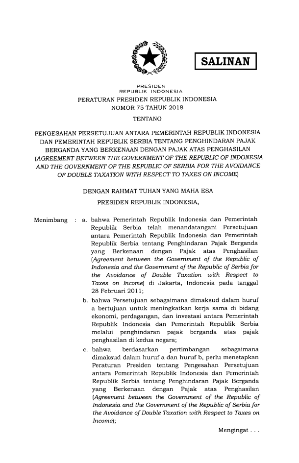 Peraturan Presiden Nomor 75 Tahun 2018