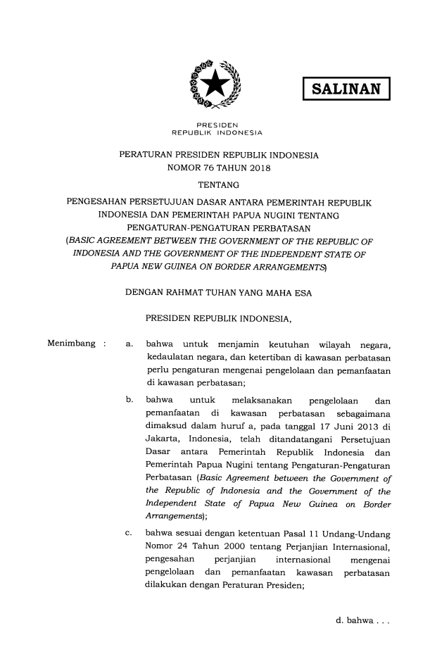 Peraturan Presiden Nomor 76 Tahun 2018