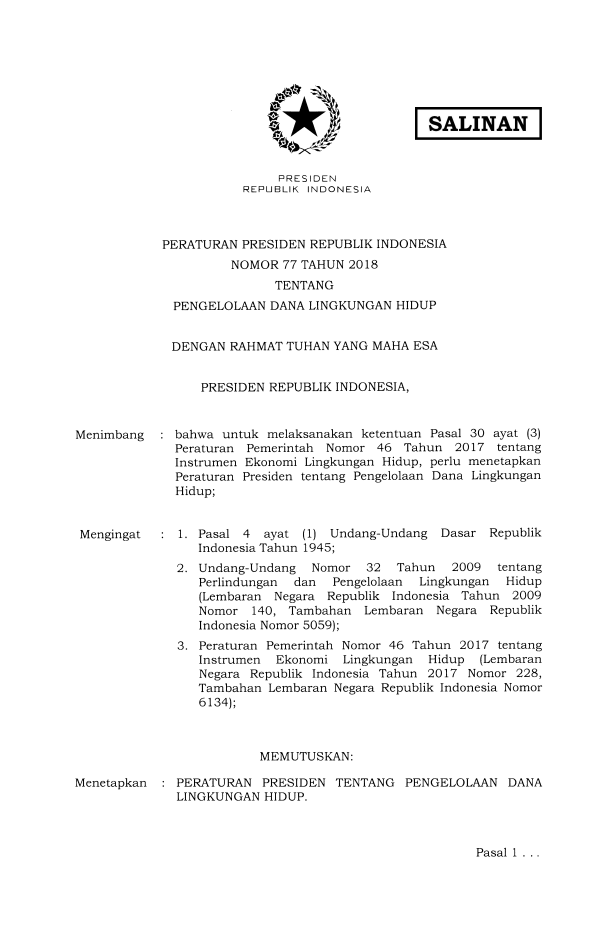 Peraturan Presiden Nomor 77 Tahun 2018