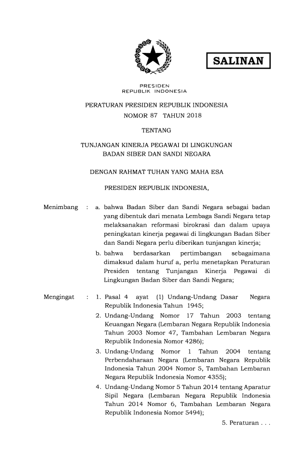 Peraturan Presiden Nomor 87 Tahun 2018