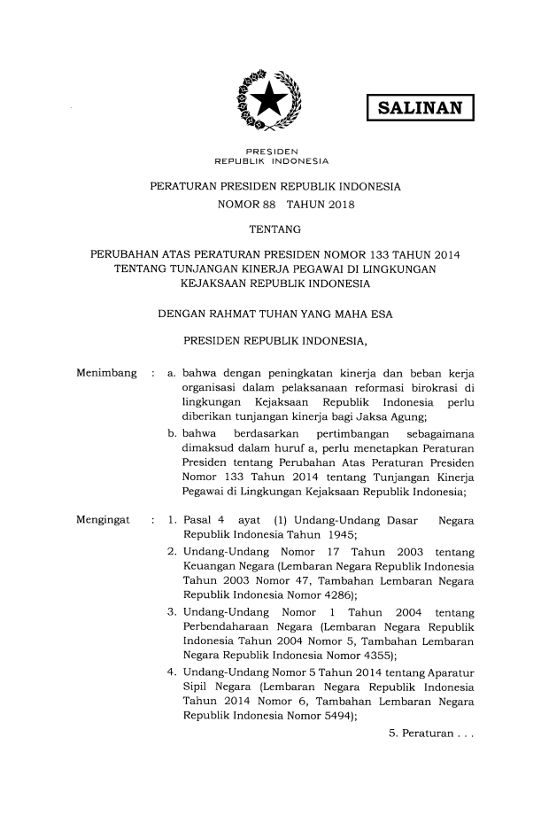 Peraturan Presiden Nomor 88 Tahun 2018