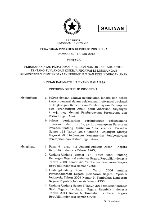 Peraturan Presiden Nomor 89 Tahun 2018