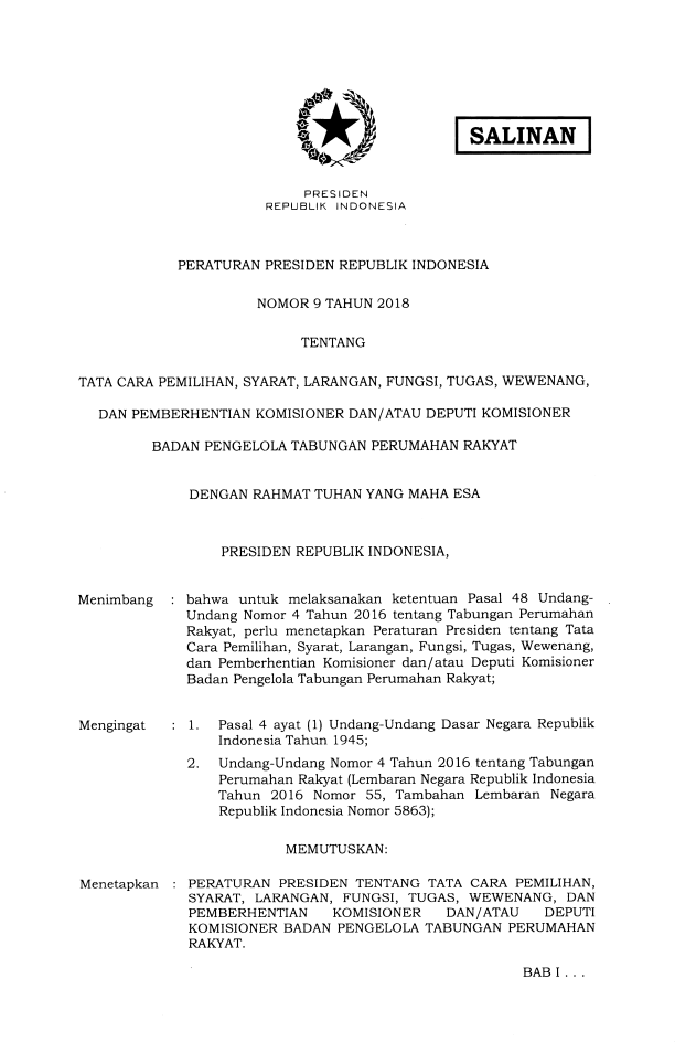 Peraturan Presiden Nomor 9 Tahun 2018