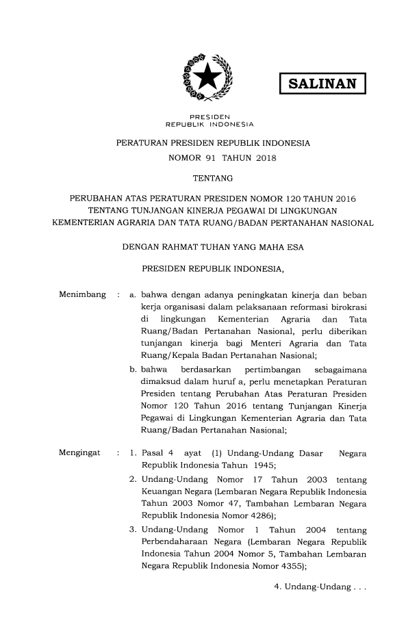 Peraturan Presiden Nomor 91 Tahun 2018