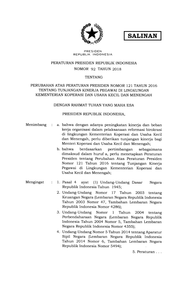 Peraturan Presiden Nomor 92 Tahun 2018