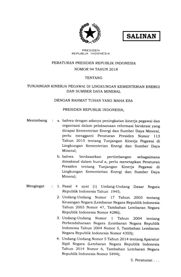 Peraturan Presiden Nomor 94 Tahun 2018