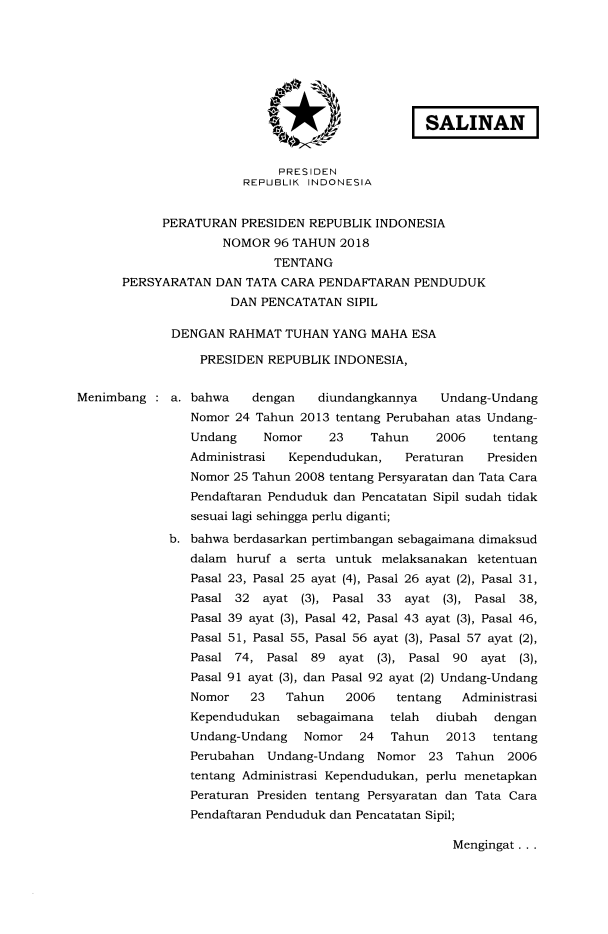 Peraturan Presiden Nomor 96 Tahun 2018