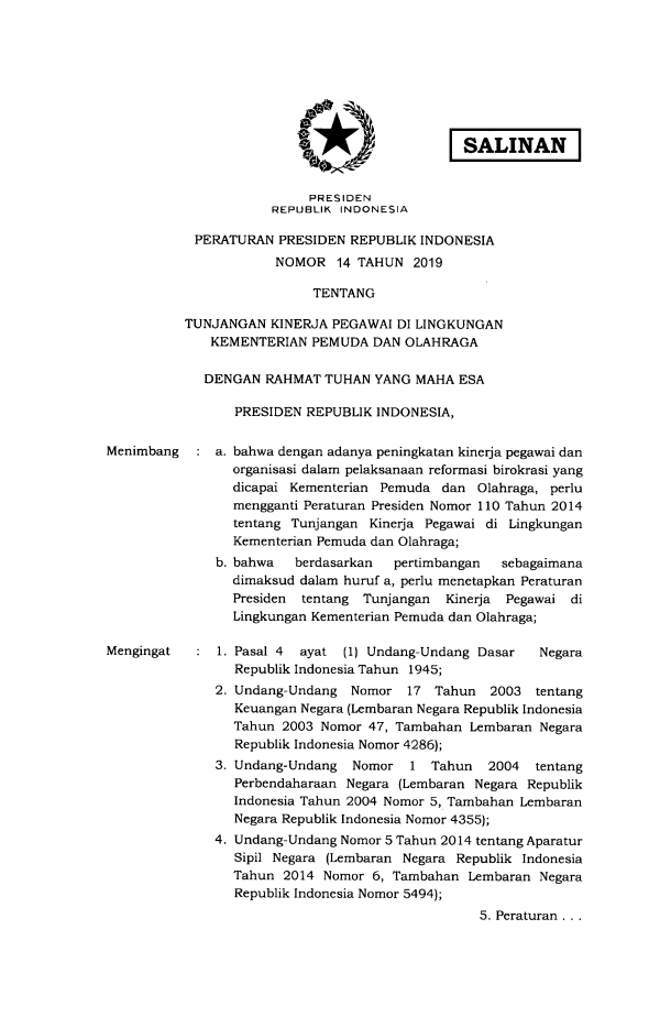Peraturan Presiden Nomor 14 Tahun 2019