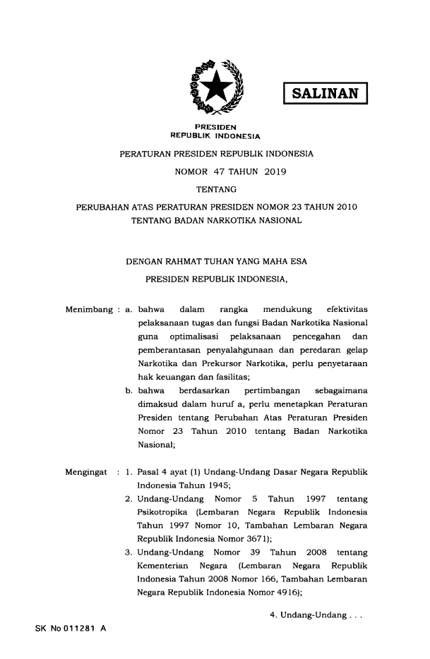 Peraturan Presiden Nomor 47 Tahun 2019