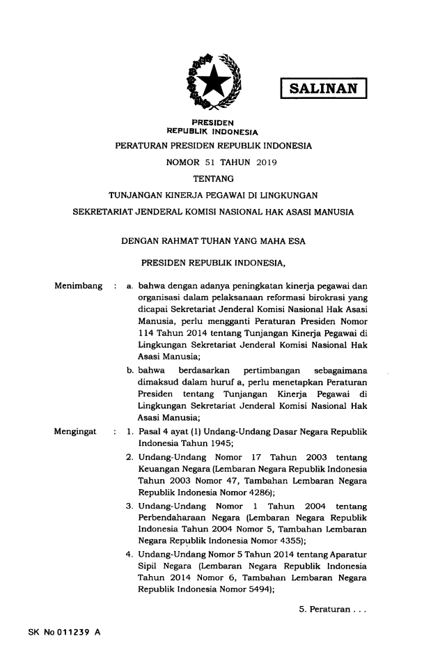 Peraturan Presiden Nomor 51 Tahun 2019