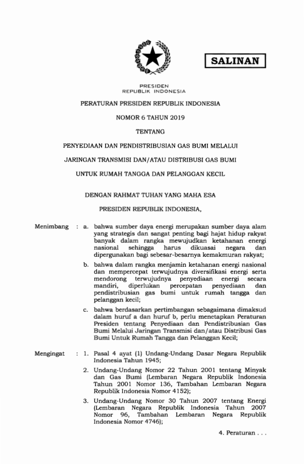 Peraturan Presiden Nomor 6 Tahun 2019