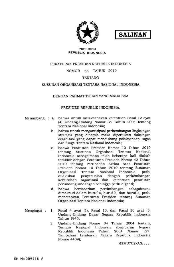 Peraturan Presiden Nomor 66 Tahun 2019
