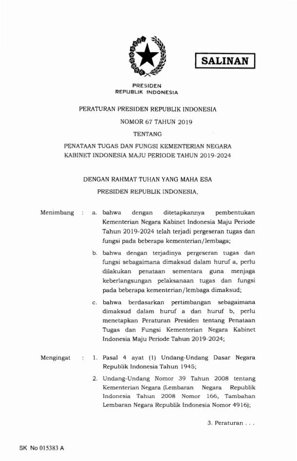 Peraturan Presiden Nomor 67 Tahun 2019