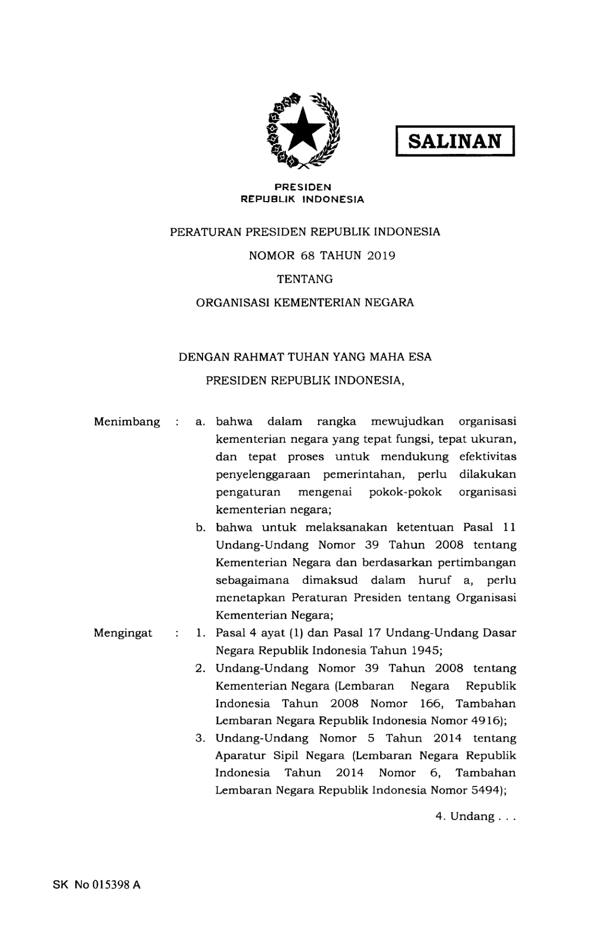 Peraturan Presiden Nomor 68 Tahun 2019