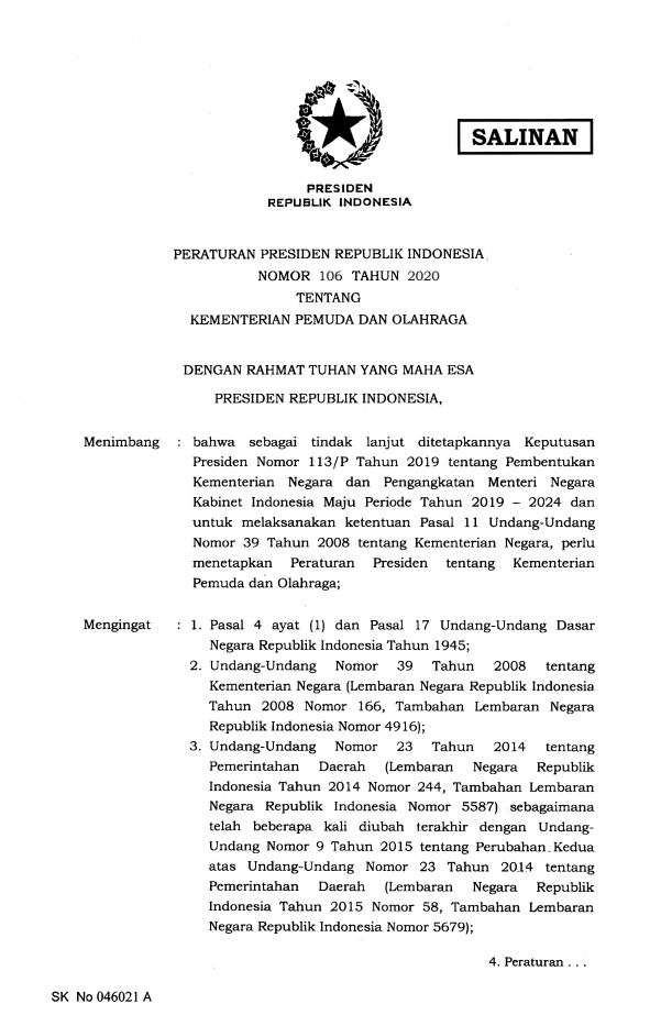 Peraturan Presiden Nomor 106 Tahun 2020