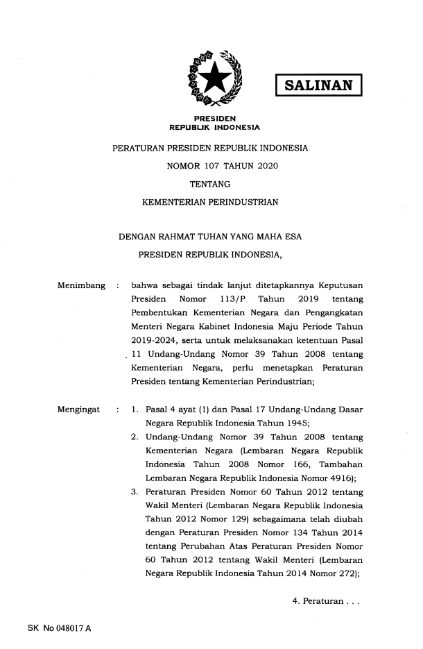 Peraturan Presiden Nomor 107 Tahun 2020