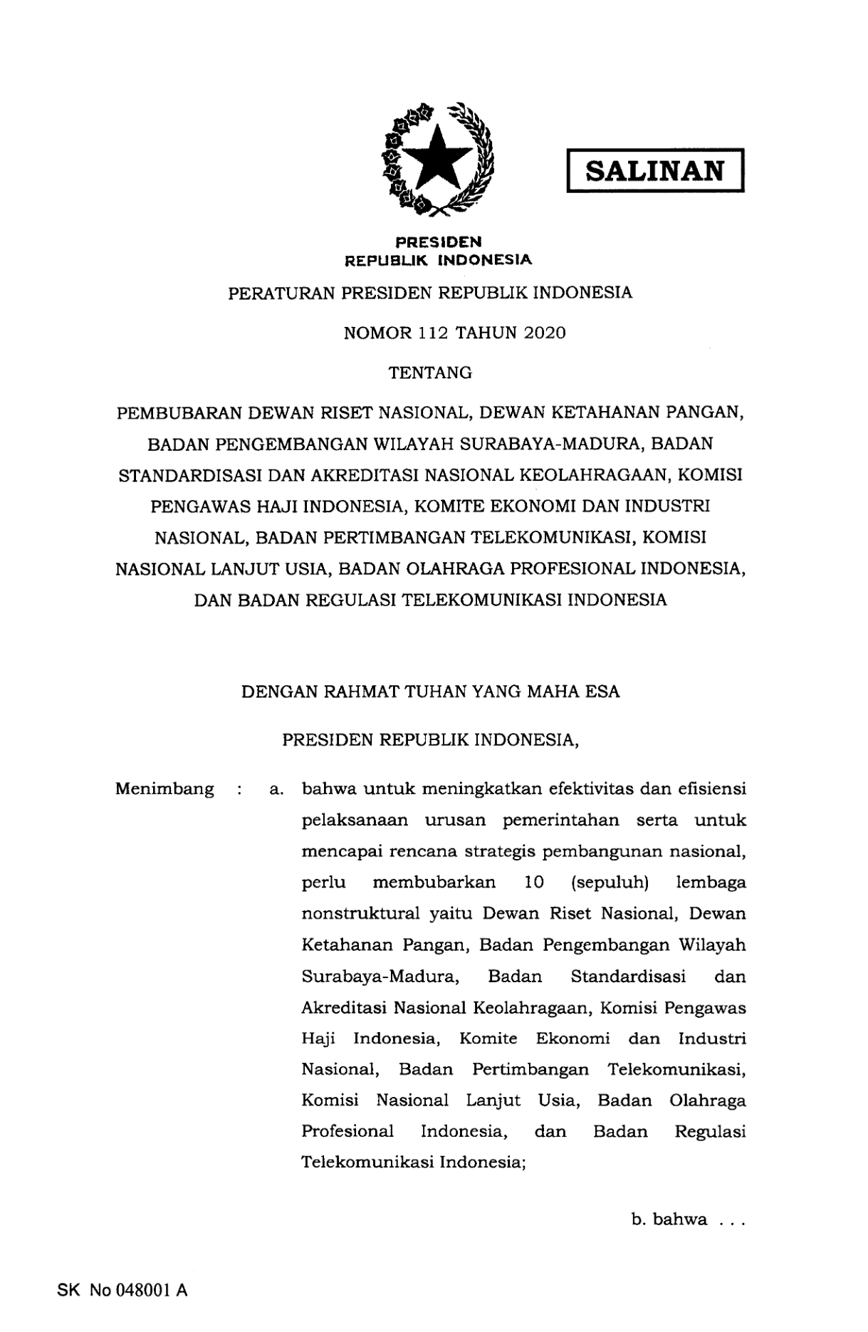 Peraturan Presiden Nomor 112 Tahun 2020