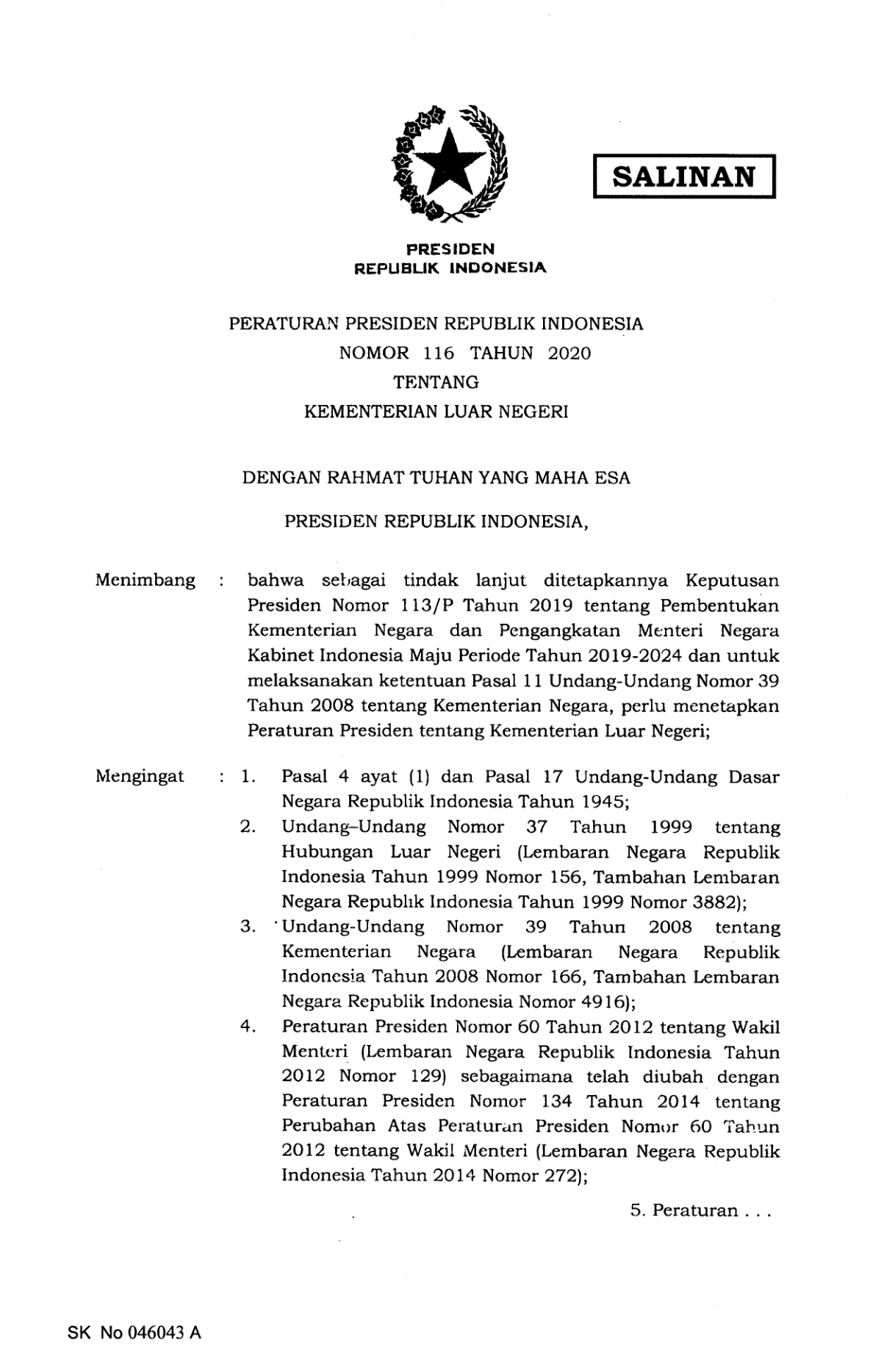 Peraturan Presiden Nomor 116 Tahun 2020