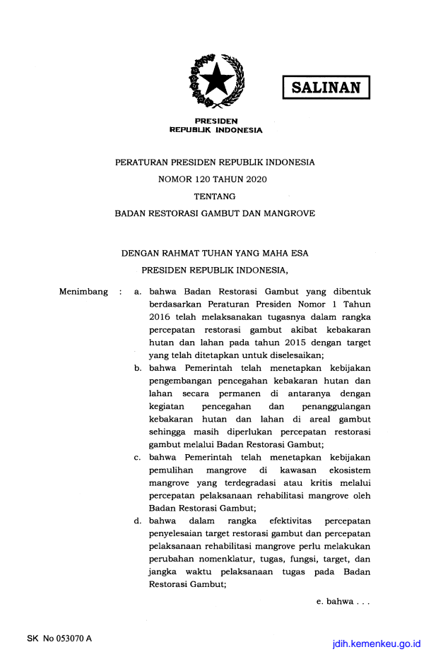 Peraturan Presiden Nomor 120 Tahun 2020