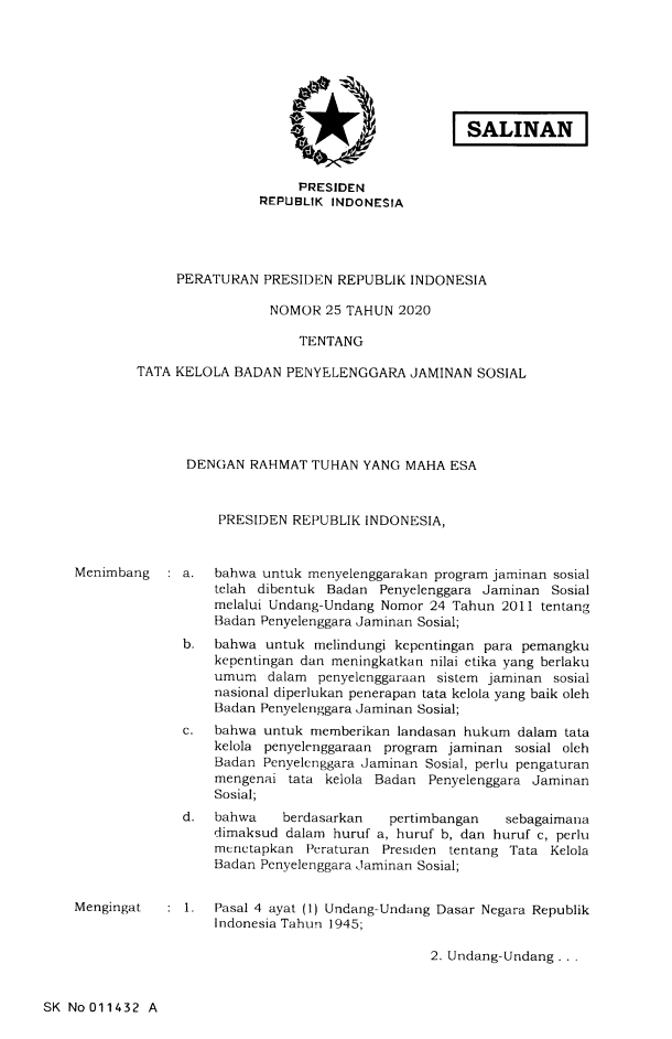 Peraturan Presiden Nomor 25 Tahun 2020
