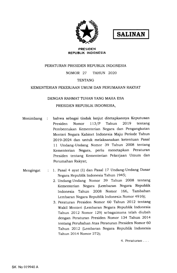 Peraturan Presiden Nomor 27 Tahun 2020
