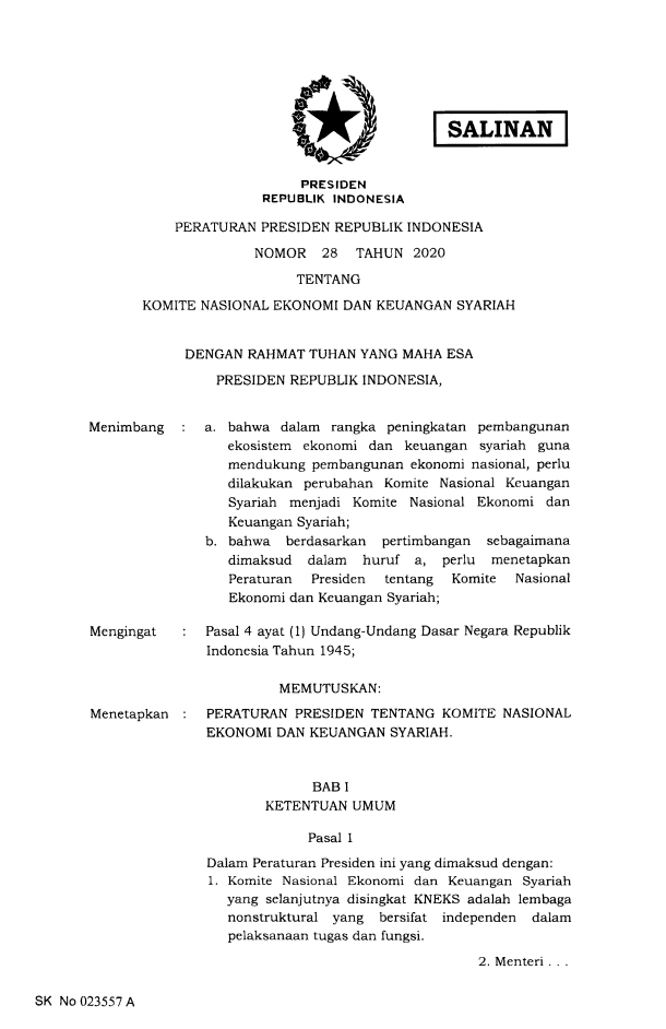 Peraturan Presiden Nomor 28 Tahun 2020