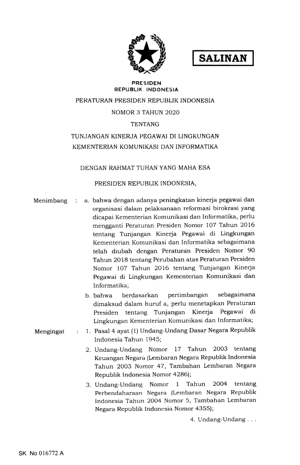 Peraturan Presiden Nomor 3 Tahun 2020