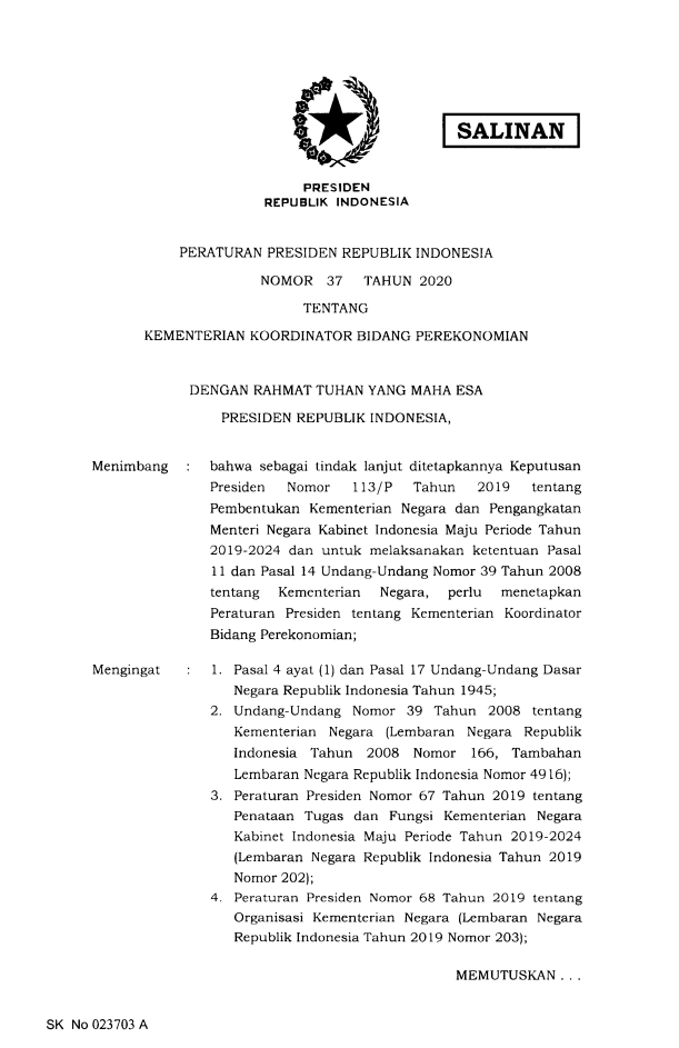 Peraturan Presiden Nomor 37 Tahun 2020