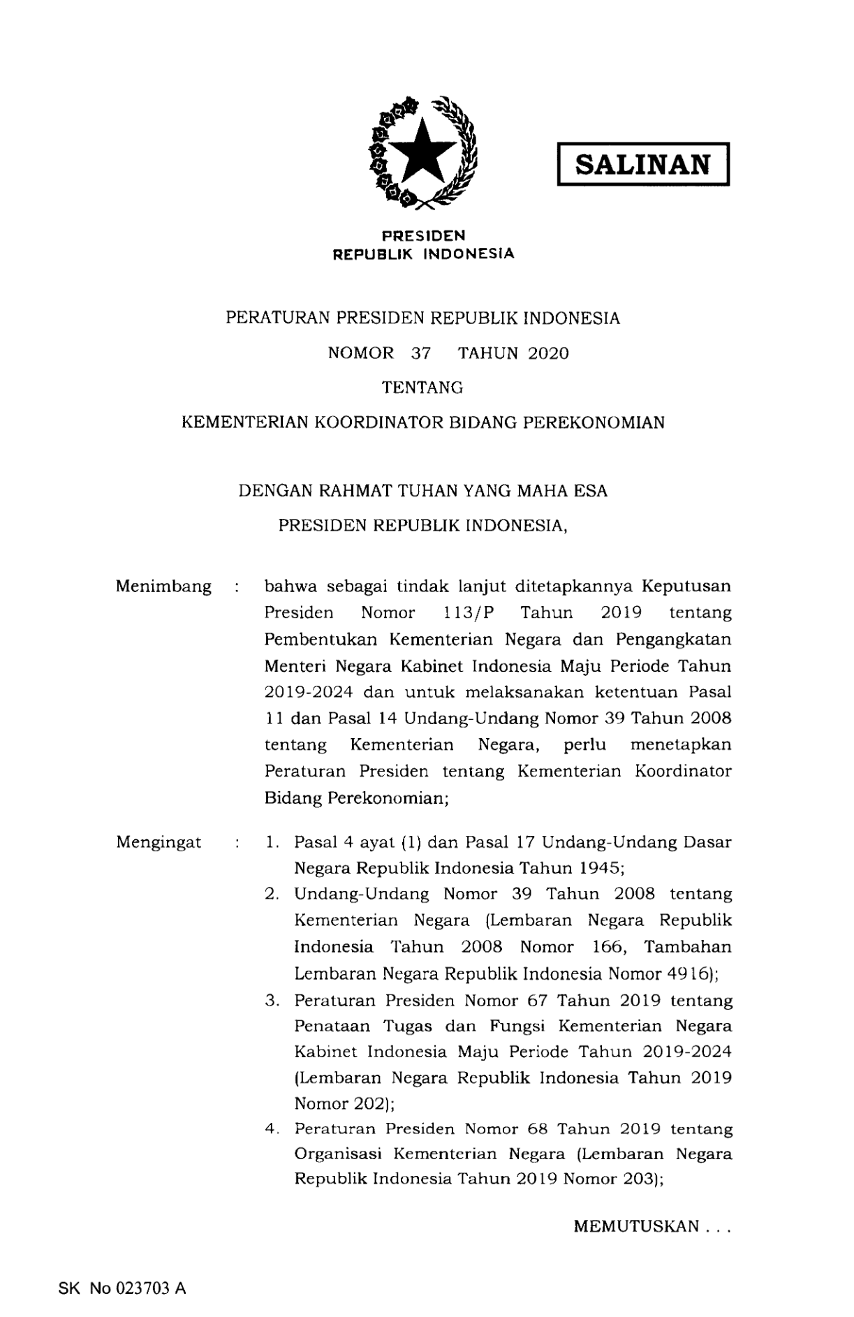 Peraturan Presiden Nomor 37 Tahun 2020