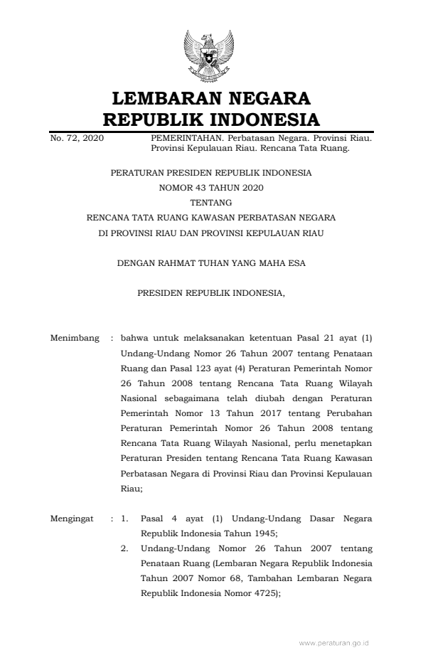 Peraturan Presiden Nomor 43 Tahun 2020