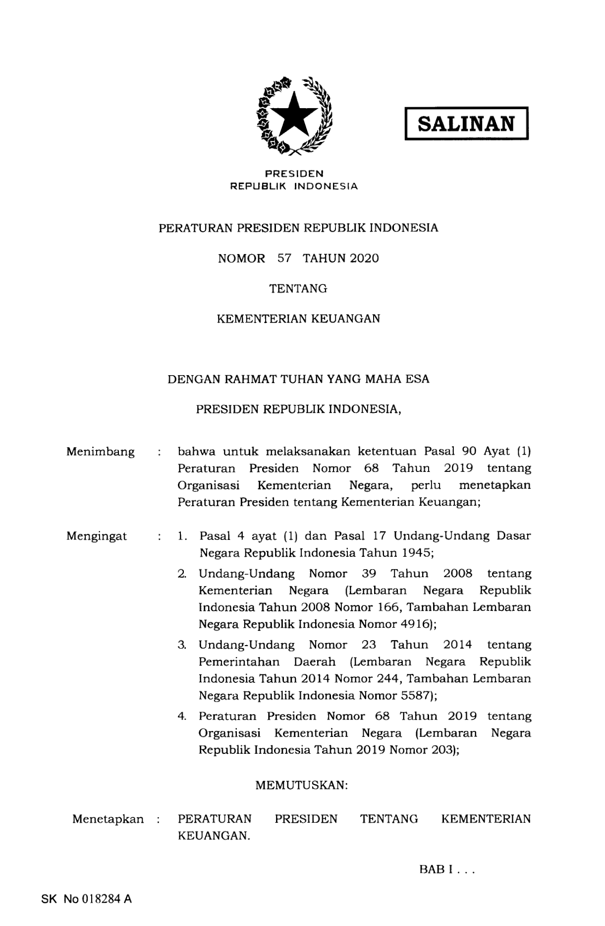 Peraturan Presiden Nomor 57 Tahun 2020