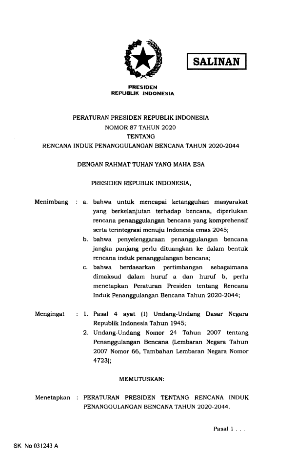 Peraturan Presiden Nomor 87 Tahun 2020