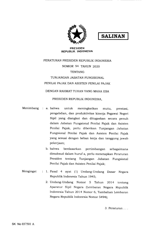Peraturan Presiden Nomor 94 Tahun 2020