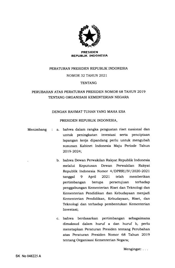 Peraturan Presiden Nomor 32 Tahun 2021