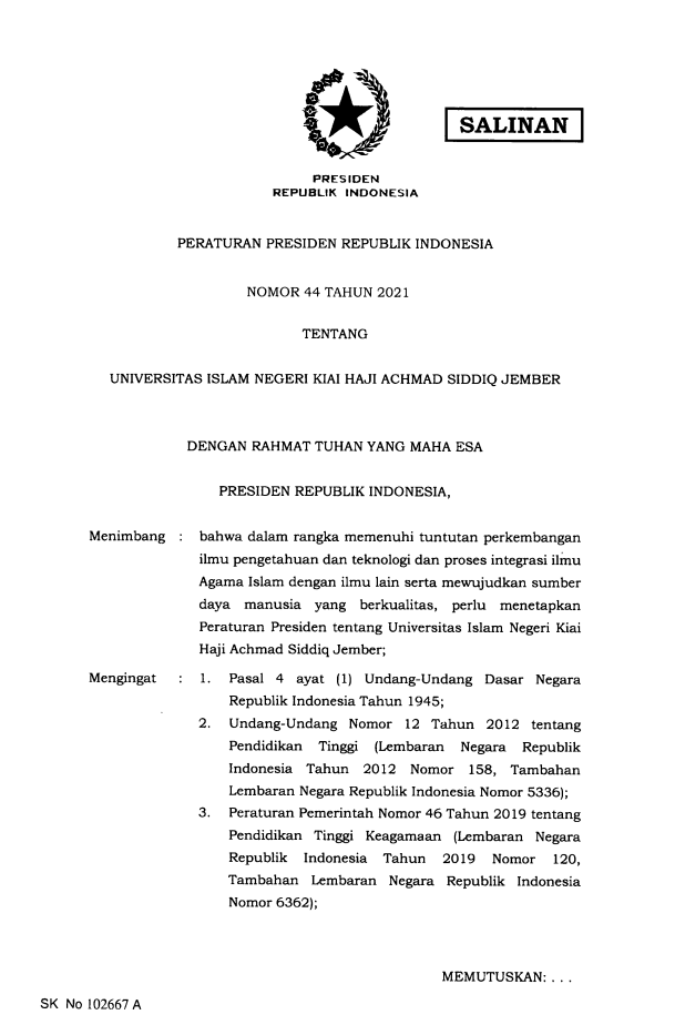 Peraturan Presiden Nomor 44 Tahun 2021