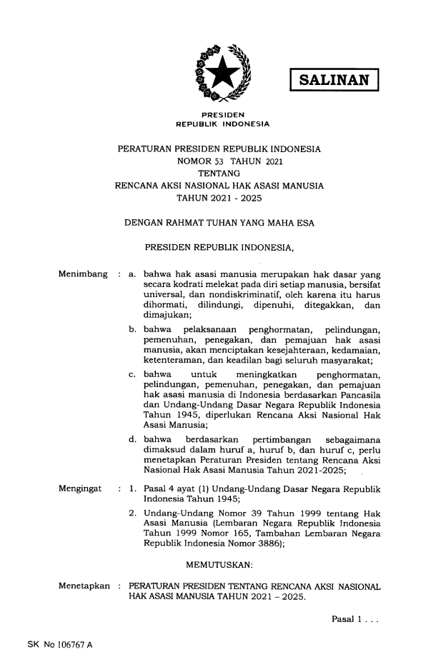 Peraturan Presiden Nomor 53 Tahun 2021