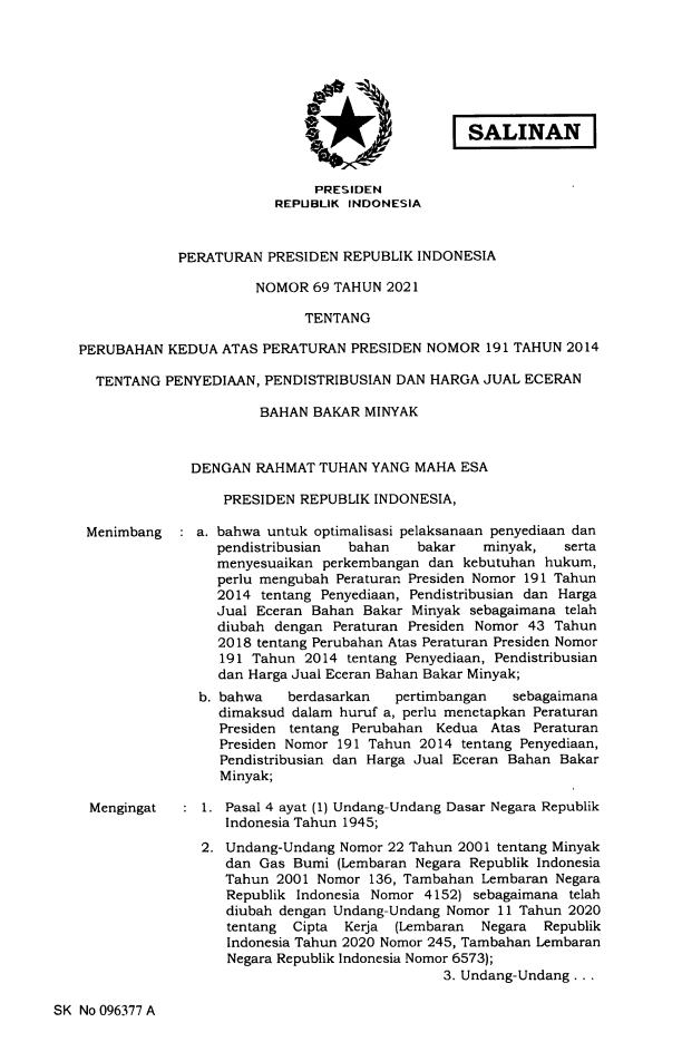 Peraturan Presiden Nomor 69 Tahun 2021