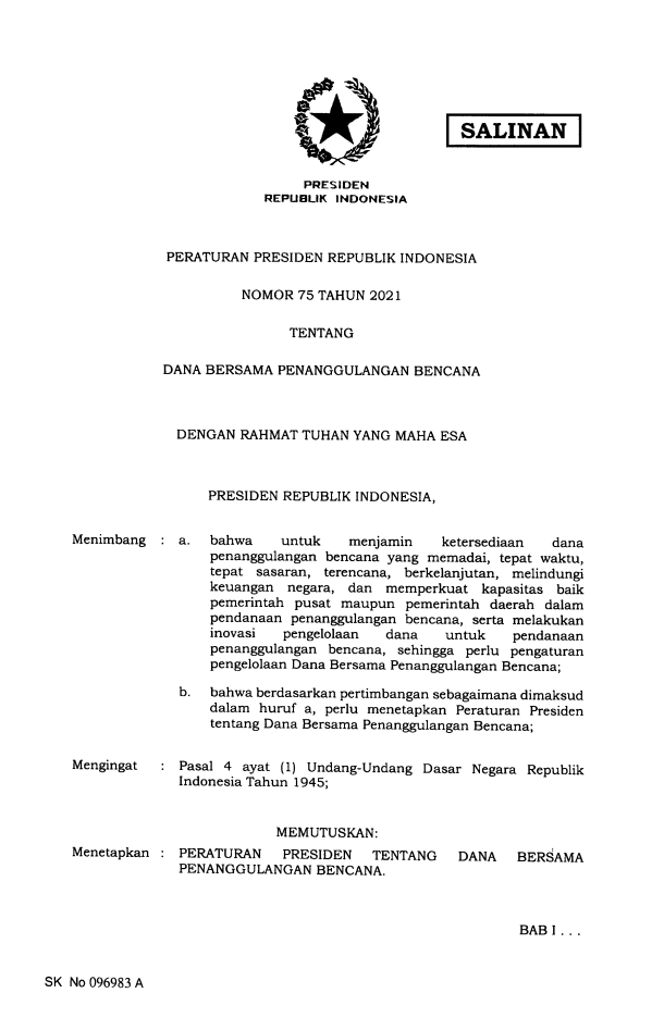 Peraturan Presiden Nomor 75 Tahun 2021
